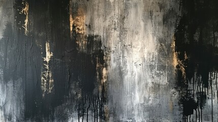 Dark abstract painting in black and silver with gold accents, modern decoration, contemporary art