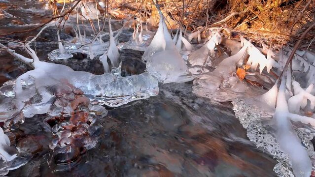 The clear water of a mountain stream in the European Alps has frozen in the morning frost into artistic icicles, the fast flow is murmuring musically
