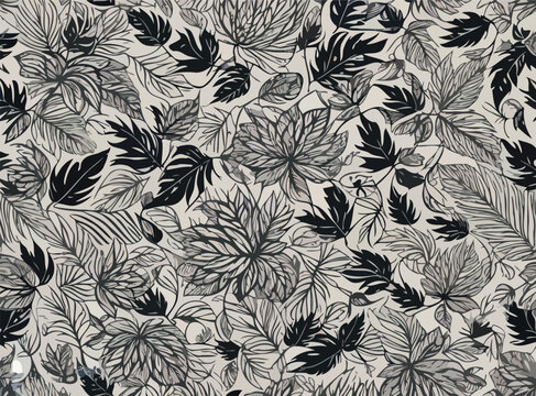 The delicate dance of petals and leaves in a mesmerizing black and white floral pattern. Nature's timeless elegance captured in monochrome allure.