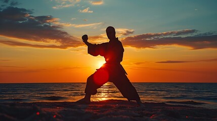Silhouette portrait of a man practicing karate against the background of the sunset on the beach, generative AI, background image