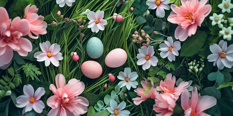 Springtime Blossom and Easter Eggs Wallpaper - Floral and Verdant Grass Themed Background Art