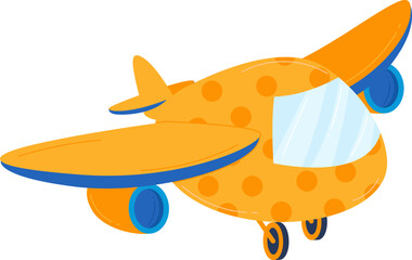 Cartoon orange plane with dots, cute aircraft illustration for kids. Childish transportation theme design, playful airplane vector illustration.
