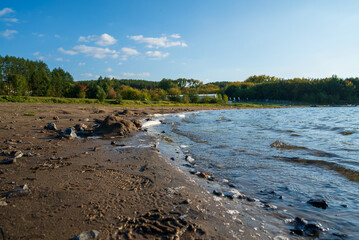 lake with waves on the background of a sandy beach and forest