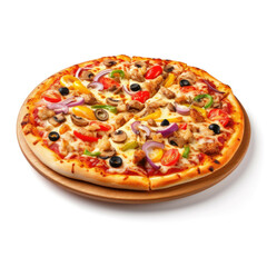 A pizza with a golden-brown crust, topped with a variety of colorful vegetables, isolated on white background