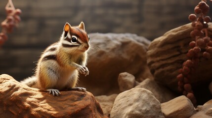 Naklejka premium Adorable Chipmunk Enjoying a Sunny Day, Sitting on a Rocky Surface and Holding a Nut - AI-Generative
