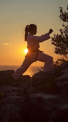 Silhouette portrait of a woman practicing karate against the background of the sunset on the rocks, generative AI, background image