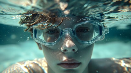 River underwater portrait of a young white male wearing swimming goggles, generative AI, background image