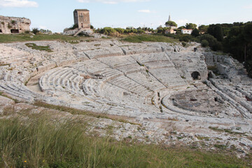 syracuse sicily italy ancient greek theater theatre amphitheater coliseum wide shot from top of...