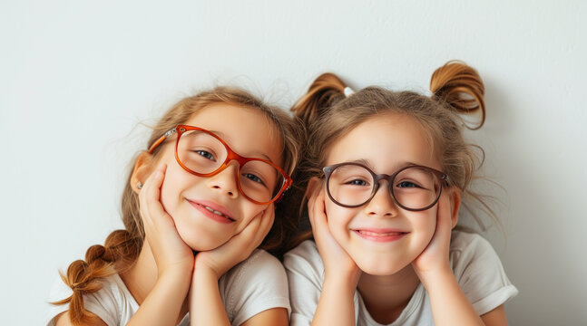 close-up photography of two sisters about 8 years old happy with glasses, white background