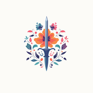 Flowers and swords in cartoon, doodle style. Image for t shirt. Isolated 2d vector illustration in logo, icon, sketch style, Eps 10. AI Generative