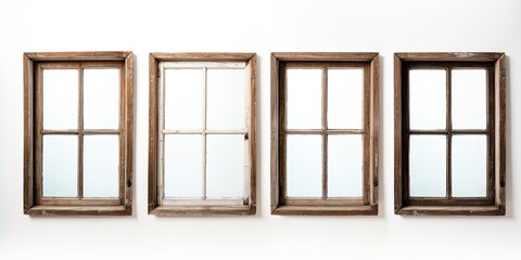 Antique wooden window frames on white backdrop.