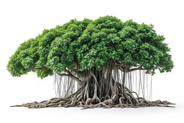 Charming banyan tree with prominent aerial roots isolated on a crisp white background. Presenting the timeless beauty of tranquil nature
