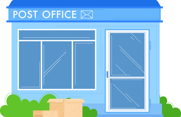 Blue post office building facade with packages outside. Postal service storefront with a clear sky, simple flat design. Public services and mail delivery vector illustration.