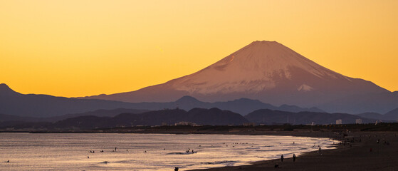 Silhouette of Mount Fuji at Shonan  coast at Fujisawa, Kanagawa, Japan