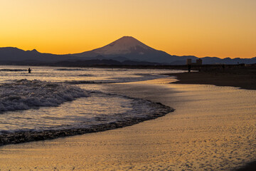 Fototapeta na wymiar Silhouette of Mount Fuji at Shonan coast at Fujisawa, Kanagawa, Japan