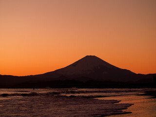 Silhouette of Mount Fuji at Shonan  coast at Fujisawa, Kanagawa, Japan