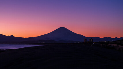 Silhouette of Mount Fuji at Shonan  coast at Fujisawa, Kanagawa, Japan
