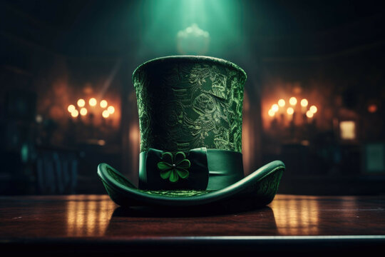 A green top hat with a shamrock on the brim, representing the Irish culture and traditions on St. Patrick's Day