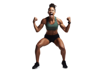 Energetic woman in fitness attire showing strength and determination against transparent background