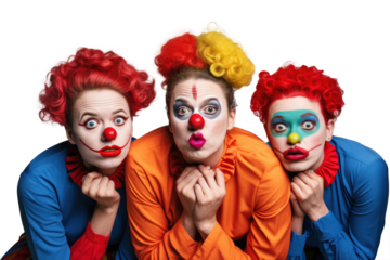 Trio of clowns with expressive makeup and colorful costumes looking surprised agains transparent background