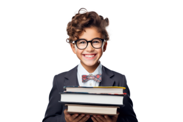 Smart young boy in suit and glasses holding books with a cheerful smile against transparent background