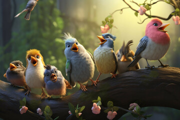 A group of wild birds perched atop a tree branch, singing in unison to celebrate Earth Day - obrazy, fototapety, plakaty