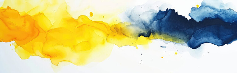 Naklejka premium Watercolor abstract background on white canvas with dynamic mix of bright yellow and dark blue colors, banner, panorama