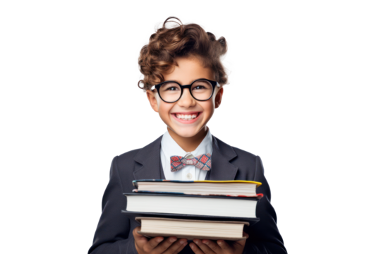 Smart young boy in suit and glasses holding books with a cheerful smile against transparent background - Powered by Adobe
