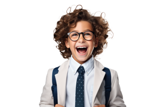Laughing young boy in glasses and school uniform with a joyful expression against transparent background - Powered by Adobe