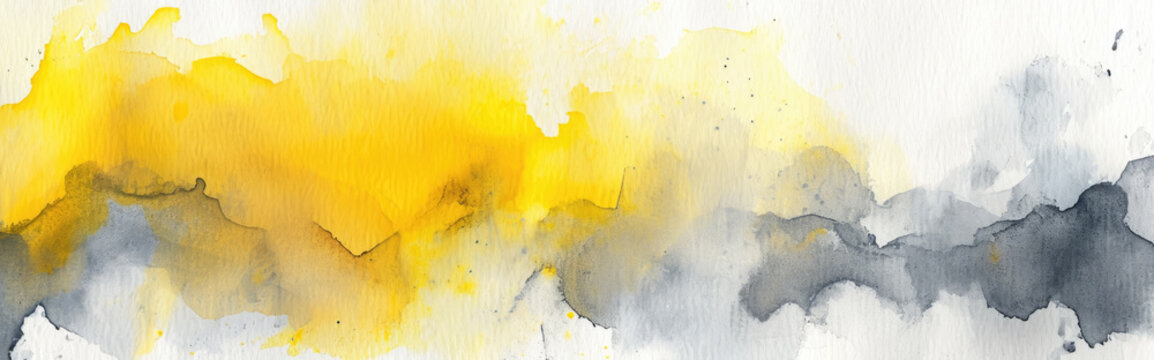 Watercolor abstract background on white canvas with dynamic mix of bright yellow and gray colors, banner, panorama