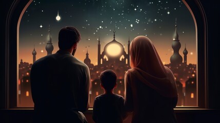 Fototapeta na wymiar Ramadhan Kareem greetings. Family at the window looking at the Islamic city with a skyline of mosques, crescent moon and stars - generative ai