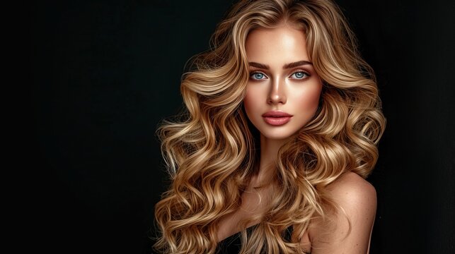 Stunning blonde woman portrait for hair care product ad and web banner background in studio shot