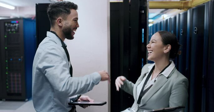 Server room, computer coding and people high five, teamwork or success for cybersecurity inspection. Engineering man and woman in celebration, support for programming software and tablet or checklist