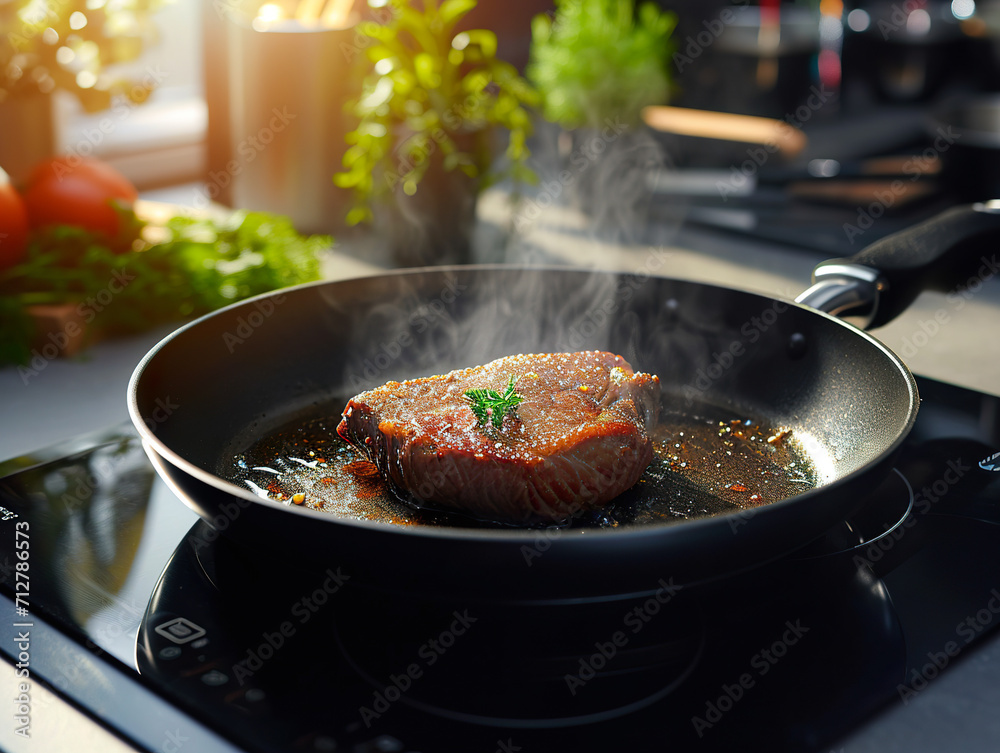 Wall mural Large frying pan with a piece of meat cooking on top of a touch-controlled ceramic hob.