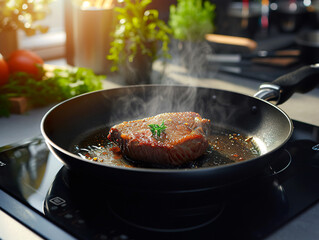 Large frying pan with a piece of meat cooking on top of a touch-controlled ceramic hob.