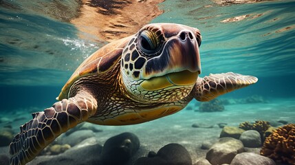 Fototapeta premium A graceful sea turtle swimming in a vibrant, colorful ocean environment with crystal clear waters