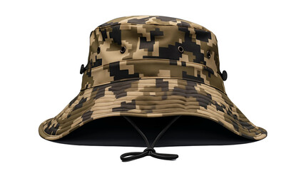 A camouflage bucket hat, isolated in the image.