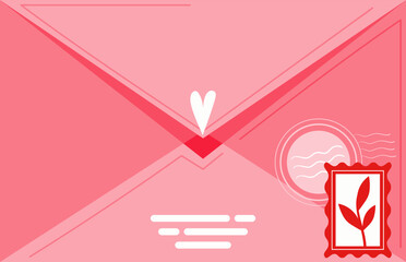 Pink envelope with heart seal and postage stamp vector illustration. Love letter, romantic correspondence concept.