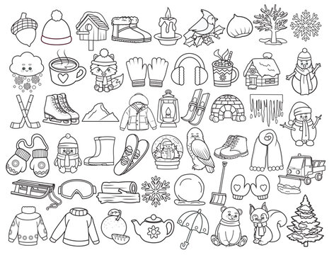 Set of winter objects, clothes, accessories and animals in black and white