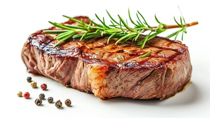 Grilled beef fillet steak meat with rosemary isolated on white background