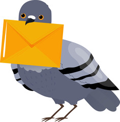 Cartoon pigeon carrying an orange envelope. Illustration of a gray bird delivering mail. Communication and postal service vector illustration.