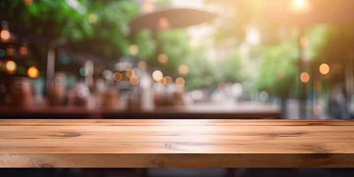 Empty wooden table in coffee shop with blurred background and bokeh, for displaying products.