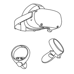 Technical sketch drawing of Virtual reality headset and motion controller line art. line drawing of VR gaming. Vector illustration, isometric view isolated with white background.