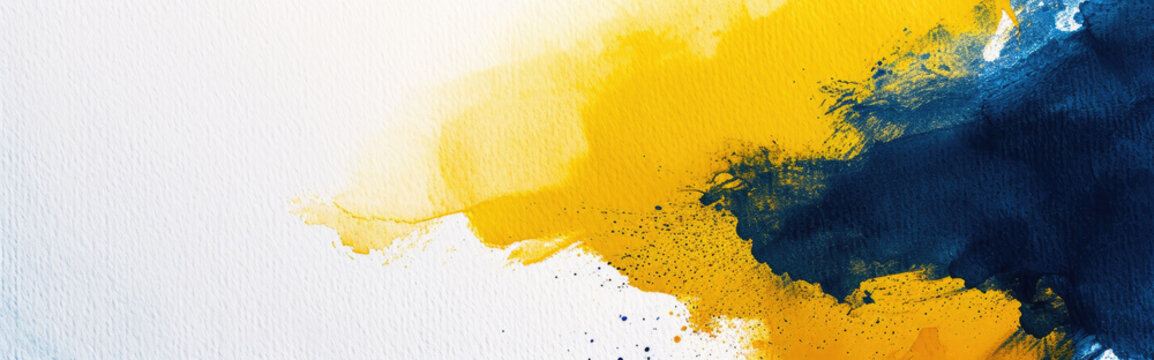Watercolor abstract background on white canvas with dynamic mix of bright yellow and dark blue colors, banner, panorama