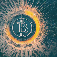 Bitcoin logo on a textured surface. Cybersecurity, digital asset, financial concept.