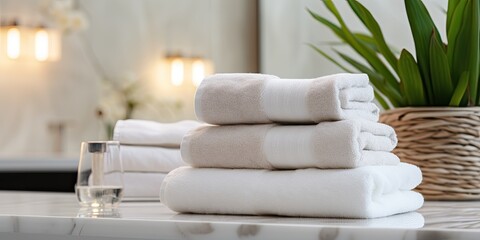 Towels on marble table with blurred bathroom background, for product display montage.