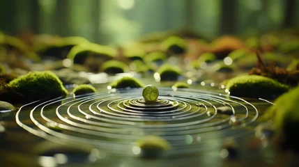 Fotobehang Green Ball Floating on Top of Water Puddle in forest zen garden, representing mindfulness, relaxation, and inner balance © MindShiftMasteryHub
