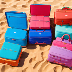 Luggage, sand, and sea, the perfect holiday scene. Vacation, packing, and travel concept.