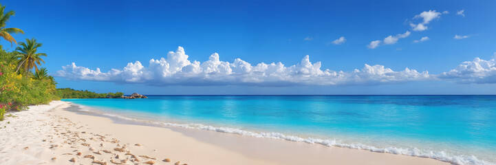 A serene island beach landscape with palm trees, white sand, and blue sea under a blue sky with clouds