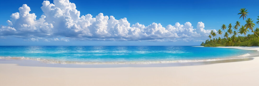 Landscape of a serene island beach with blue water, white clouds, light blue sky, white sand and palm trees